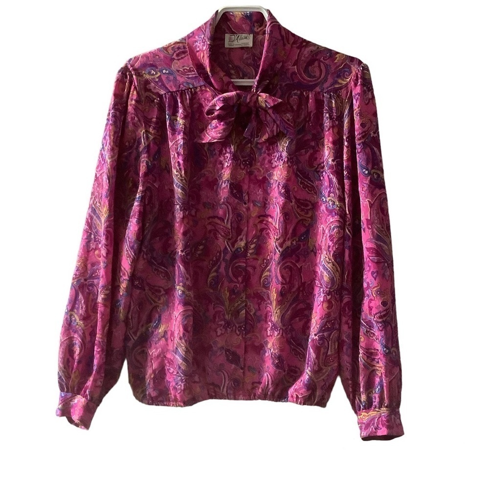 D’ALLAIRD’S VINTAGE MULTI COLOUR LONG SLEEVE BLOUSE/ TIE UP BOW, SIZE M/L